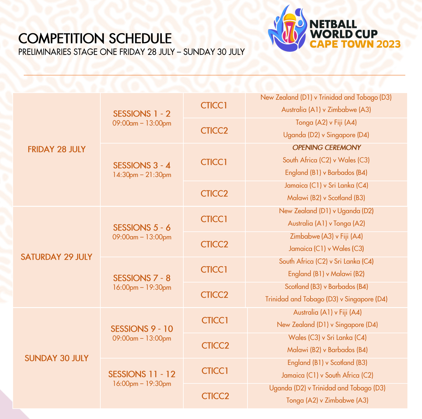 Netball World Cup She Cranes group schedule confirmed